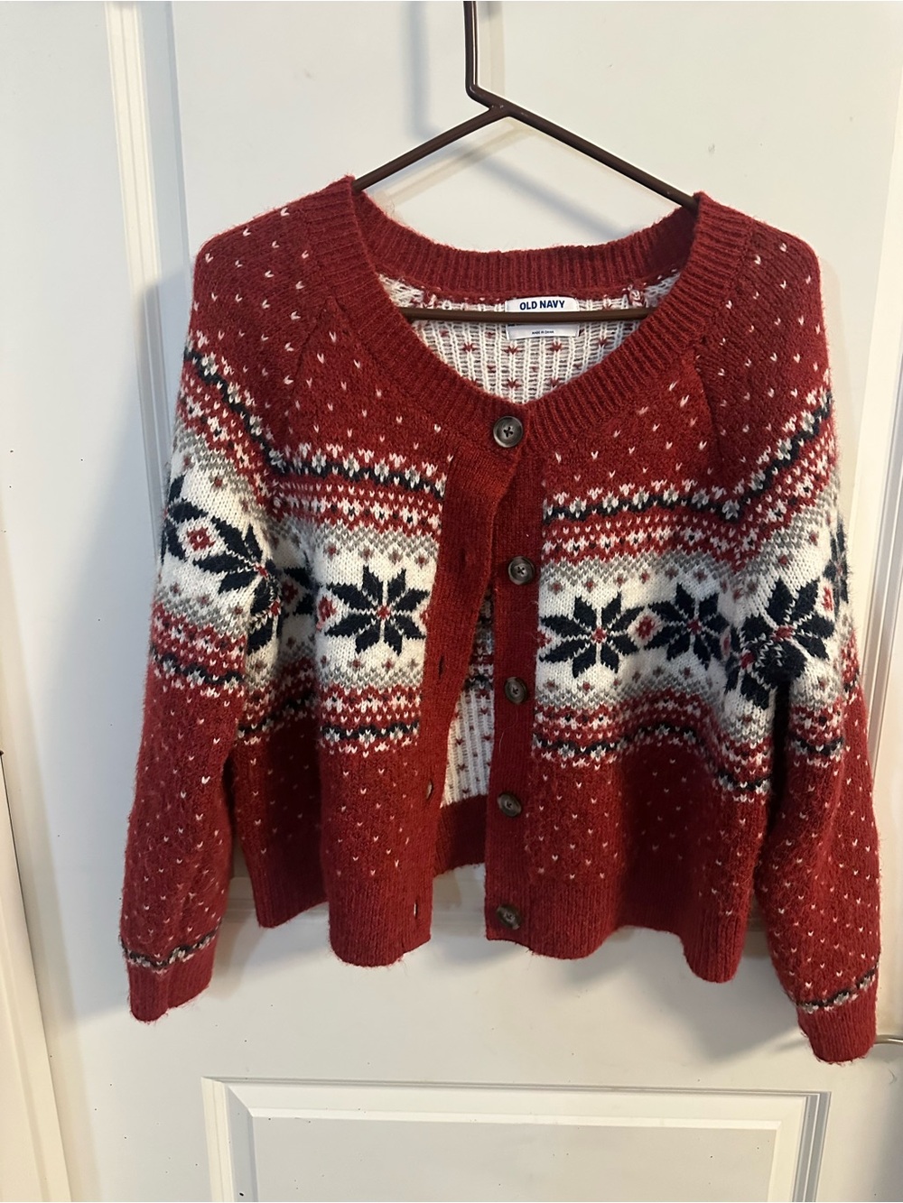 Old Navy Red and White Fair Isle Button-Front Cardigan